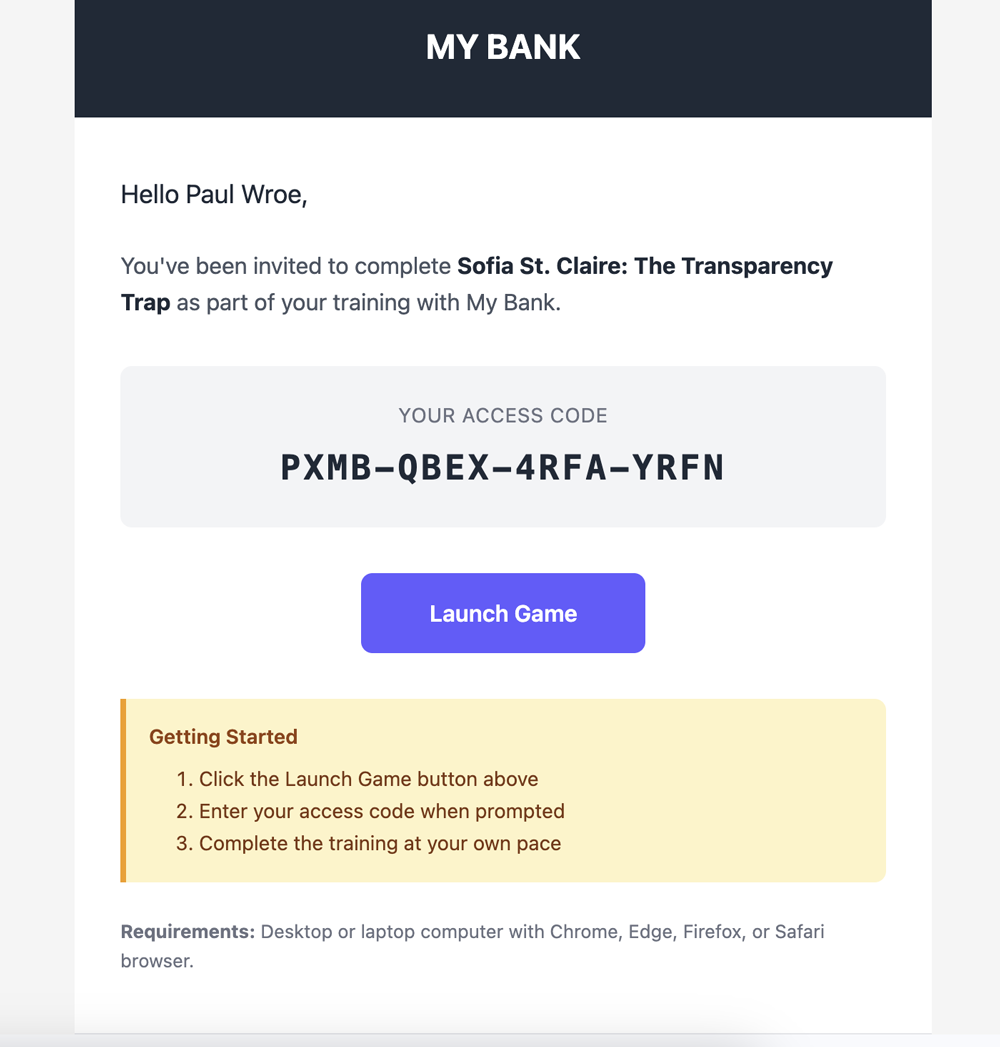 Learner Welcome Email - Email template showing welcome message, game info, and start link